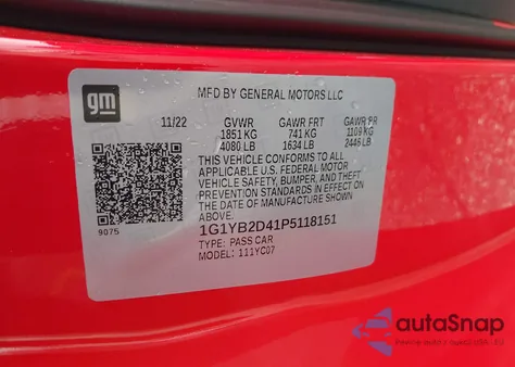 2023 Chevrolet Corvette Stingray Rwd 2Lt z USA, uszkodzony, nr VIN 1G1YB2D41P5118151